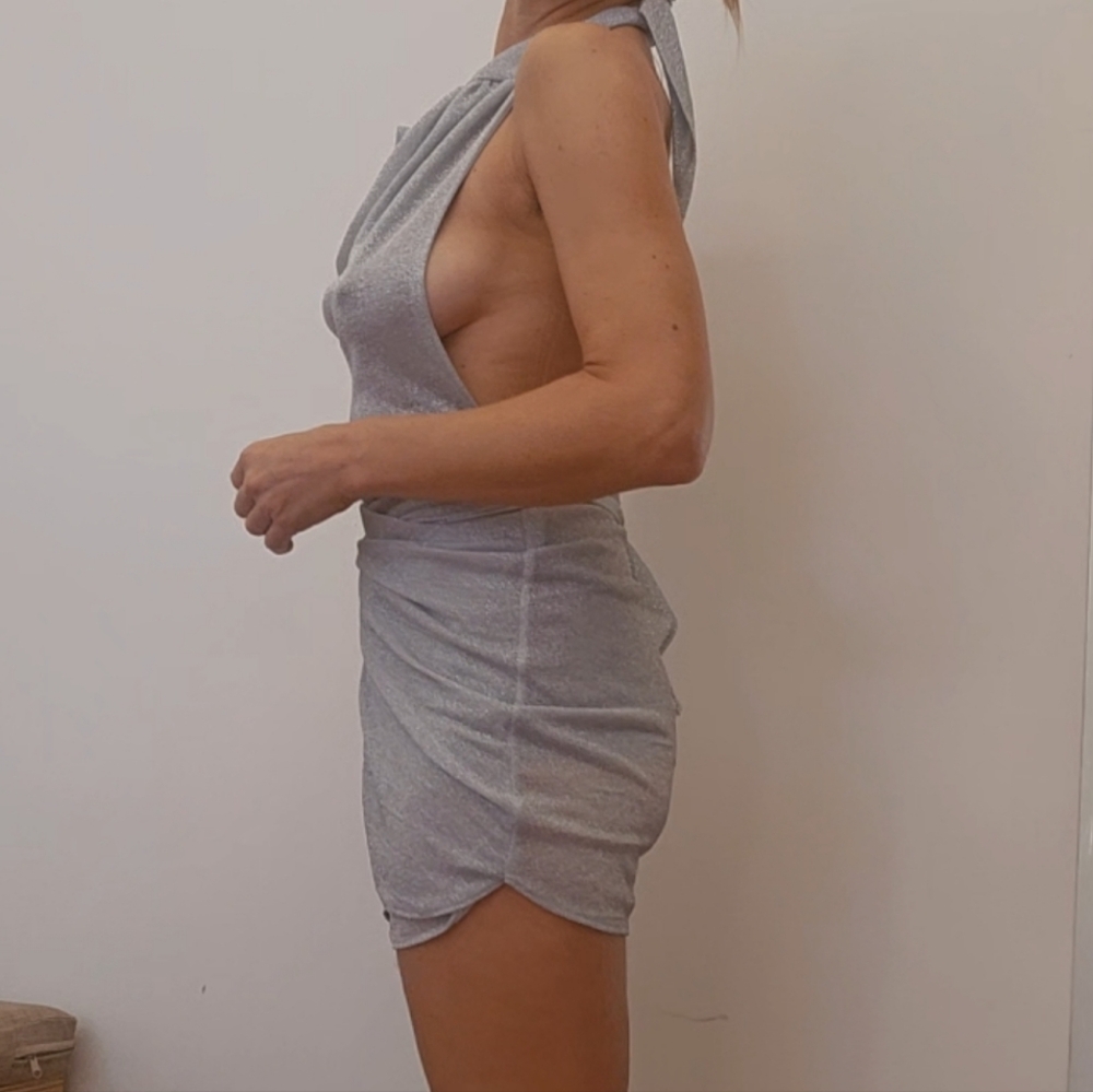 Nwt Baobab Providencia Silver Metallic Goddess Lurex Soft Wrap Halter Dress Xs S - Picture 10 of 10